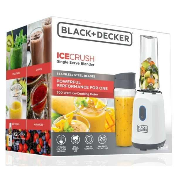 Black & Decker Single Serve Blender, two 20 Oz Dishwasher Safe Tritan Plastic Travel Jars, Spill-Resistant Travel Lids, 300 W, On/Off & Pulse Control Button, Stainless Steel Blade, White PB2209BDW - Image 2