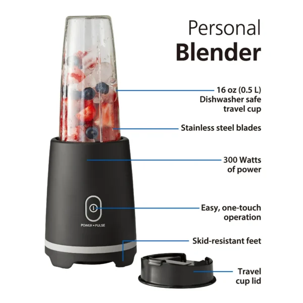 Mainstays Black Single-Serve Blender with 1 Travel Lid, 16 oz, New - Image 3