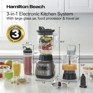 Hamilton Beach 3-in-1 Electronic Kitchen System, 800 Watts Blender with 48 oz. Glass Blending Jar, Food Processor Attachment and 20 oz. Travel Jar with Lid