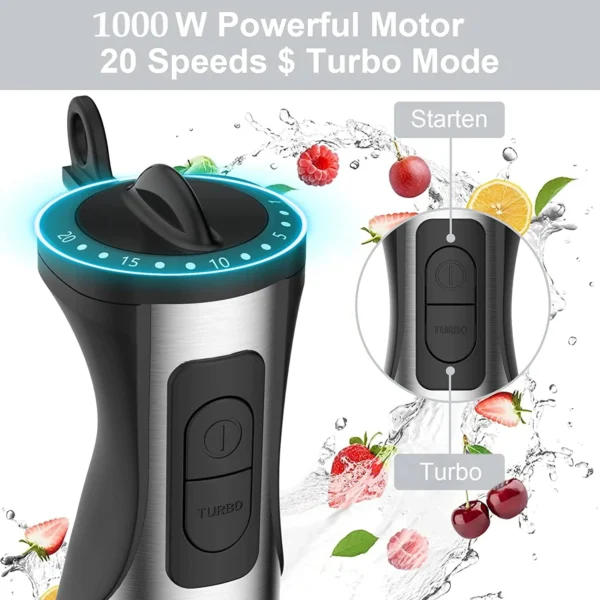 20-Speed Immersion Hand Blender, 5-in-1 Powerful 1000W Blender Whisk and Mini Chopper with 600ml Beaker - Image 3