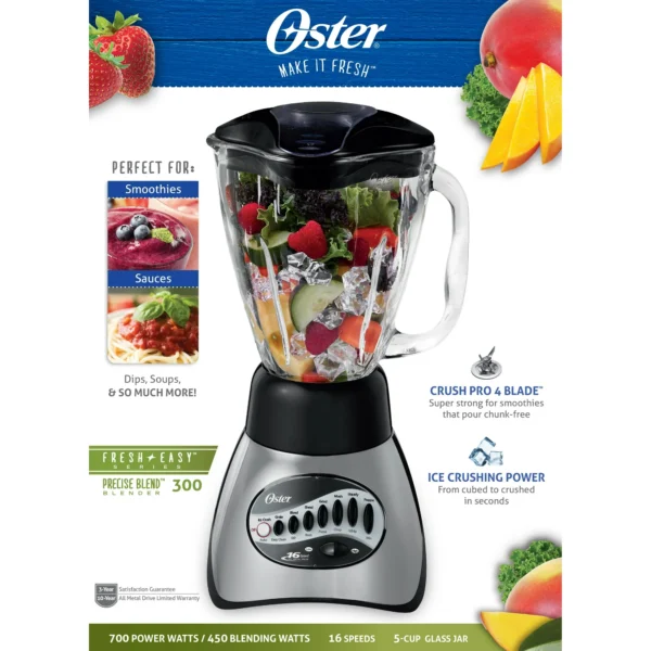 Oster Precise Blend 200 16-Speed Blender 6-Cup Capacity, Gray - Image 3