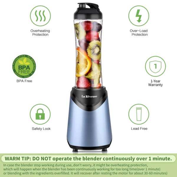 La Reveuse Smoothies Blender Personal Size 300 Watts with 18 oz BPA-free Portable Travel Sports Bottle (Light Blue) - Image 3