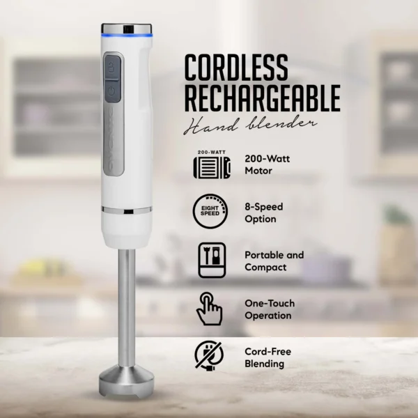 OVENTE Electric Cordless Immersion Hand Blender 8-Mixing Speed, Stainless Steel Blades, White HR781W - Image 3