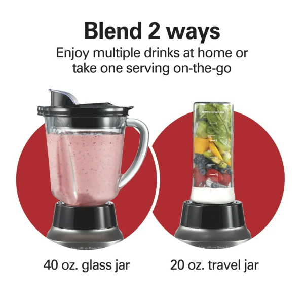 Hamilton Beach Wave Crusher Blender, 40 oz Glass Jar and 20 oz Travel Jar for Shakes and Smoothies, Grey, 58181 - Image 2