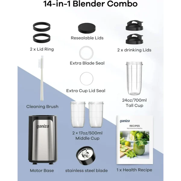Ganiza Smoothie Blender for Shakes and Smoothies, 14 Pieces Personal Blender, 3 Portal Cups, BPA-Free Juice Blender Set - Image 4