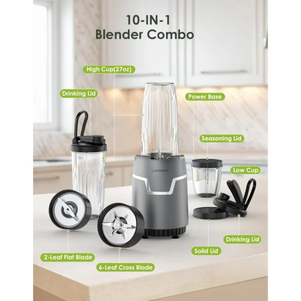Lampick 1100W Smoothie Blender for Shakes and Smoothies, 3 IN1 Kitchen Personal Blenders and Grinder Combo for Protein Drinks, BPA-Free - Image 3