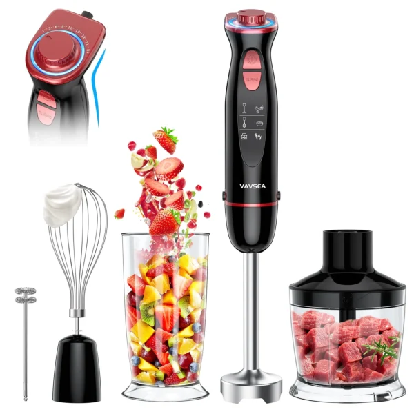 VAVSEA Immersion Hand Blender,5-in-1 1100W Multi-Function Handheld Stick Blender with 24-Speed, Stainless Steel Blades, Chopper, Beaker, 600ml, New Mixer Milk Frother for Baby Food/Smoothies/Puree