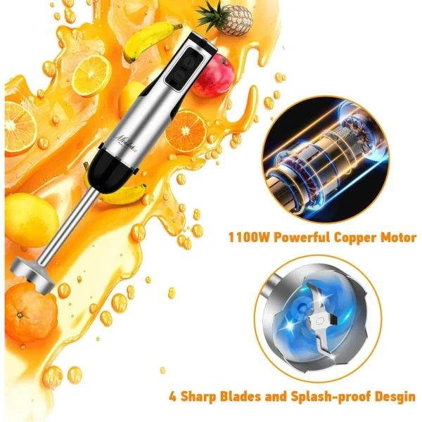 5-in-1 Hand Immersion Blender, Portable 1100W 12 Speed Handheld Blender, Copper Motor Stainless Steel Blade Stick Blender,600ml Mixing Beaker, 500ml Chopper, Whisk, Milk Frother, BPA-Free, Black - Image 2
