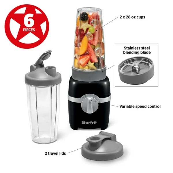 Starfrit Personal Blender, Two 828ml Cups, Two Blades, High, Low & Pulse Modes, 300W, Black