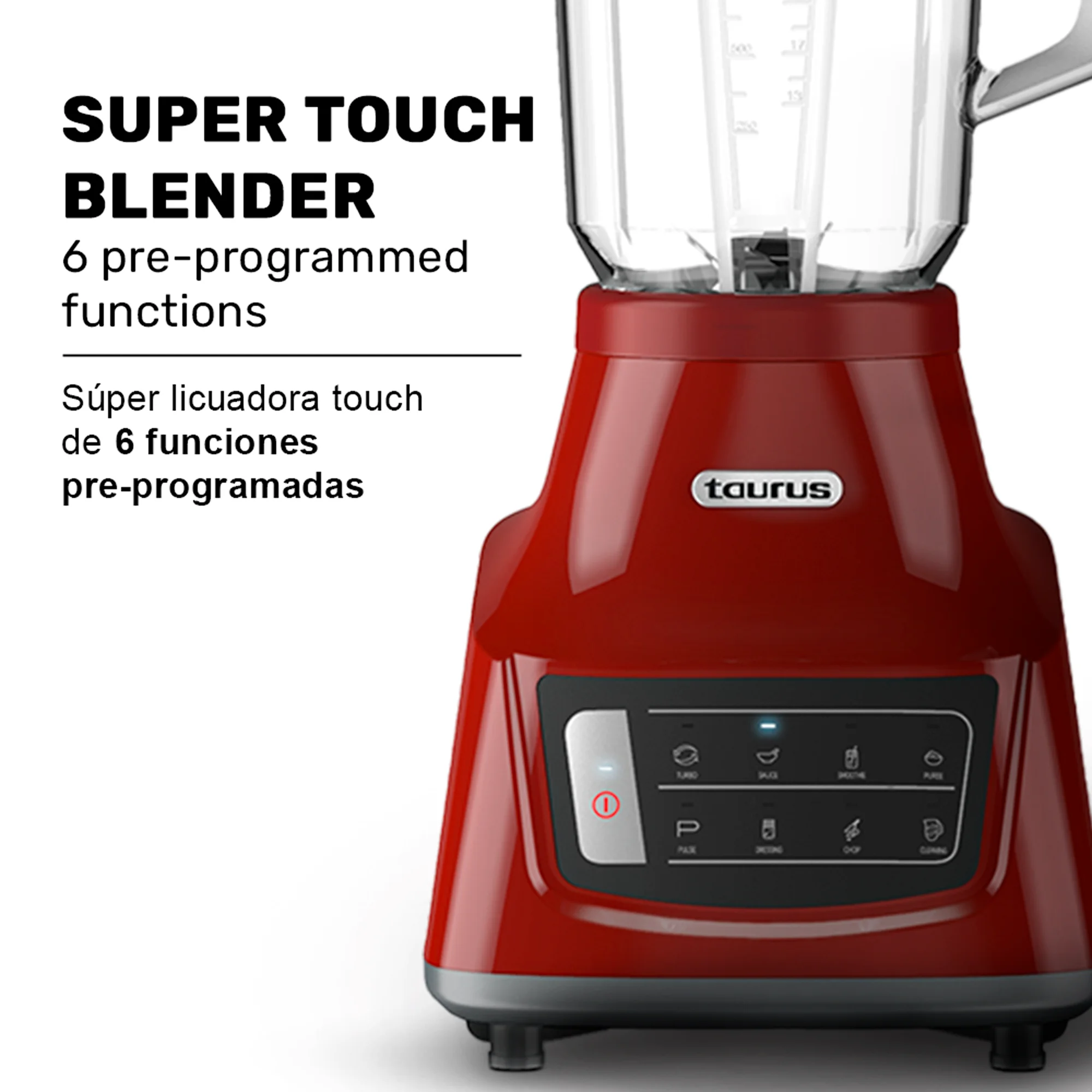 Countertop Blender Taurus Grandeur Touch 44oz Stainless Steel Blade, Glass Jar, Red - Image 4