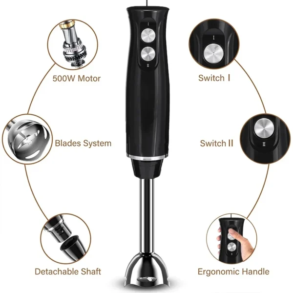 BN-LINK Immersion Blender, Hand Blender Electric, 4-in-1 Immersion Blender Handheld, 2-Speed, 500W Hand Blenders Immersion, Hand Mixer for Smoothies, Baby Food & Soup, Black - Image 3