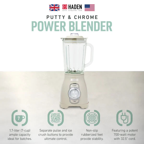 Haden Stainless 1.75 Liter Glass Jug 700W Motor Power Blender, Putty/Chrome - Image 3