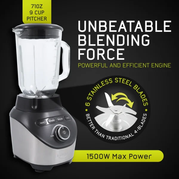 Universal 1500 Watt Turbo Elite Max Blender, 71oz - 9-cup / 2.1 Liter Glass Pitcher, Premium Blender for Smoothies, Sauces, & Batters, 3 Speed Settings, Powerful 6 Stainless Steel Blades - Image 4