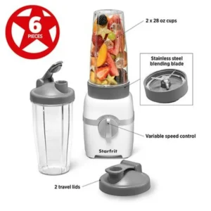 Starfrit Personal Blender, Two 828ml Cups, Two Blades, High, Low & Pulse Modes - 300W, White