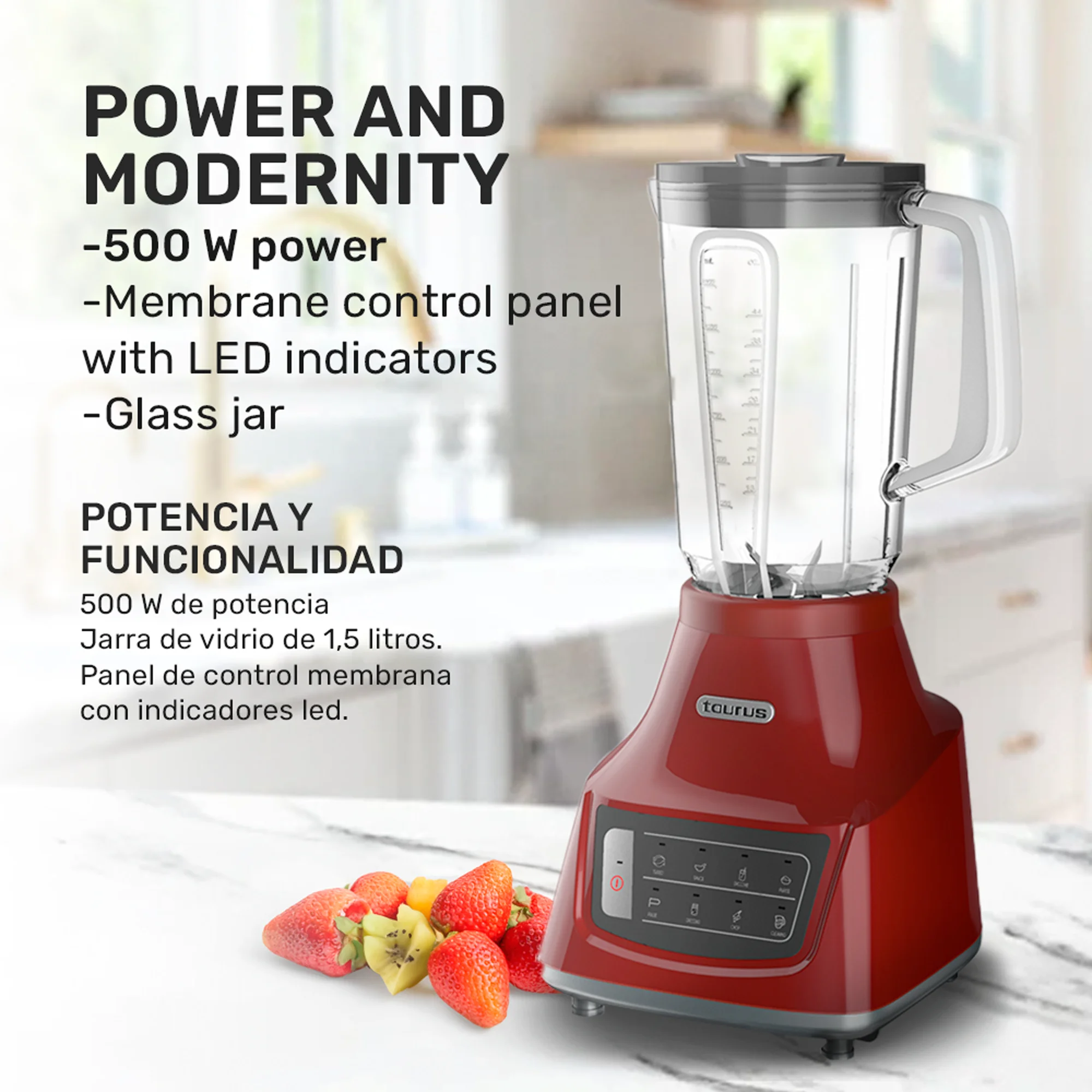 Countertop Blender Taurus Grandeur Touch 44oz Stainless Steel Blade, Glass Jar, Red - Image 2