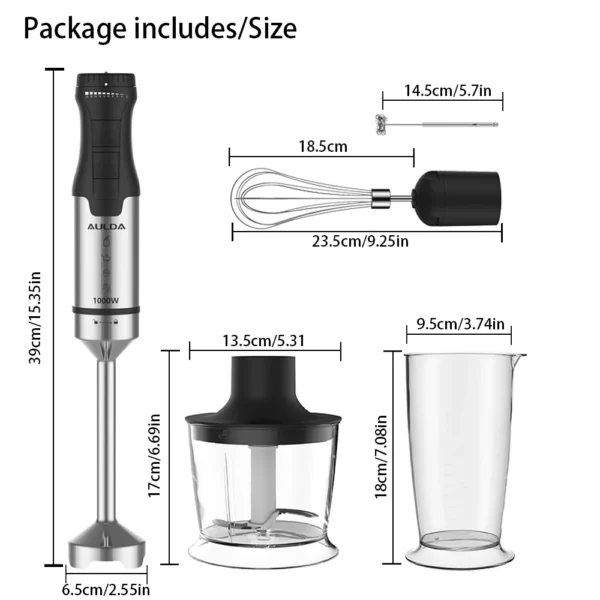 Aulonda 1000W 5-in-1 Commercial Immersion Hand Blender - 20 Speeds, Stainless Steel Stick Blender with Mixing Beaker, Chopper Bowl, Milk Frother, Egg Whisk - Image 3