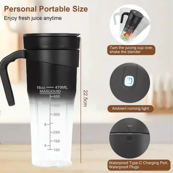 Portable Blender, 16 Oz Personal Size Blender USB Rechargeable for Shakes and Smoothies Portable Juicer, Mini Blender with 6 Blades for Sports/Travel/Home/Gym/Office, Black - Image 4