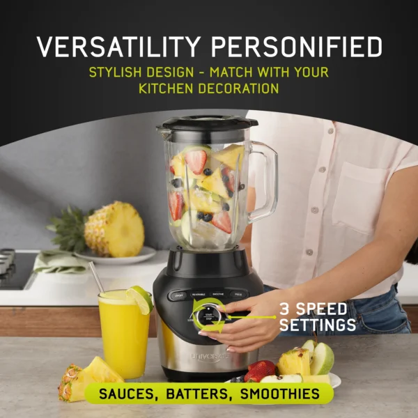 Universal 1500 Watt Turbo Elite Max Blender, 71oz - 9-cup / 2.1 Liter Glass Pitcher, Premium Blender for Smoothies, Sauces, & Batters, 3 Speed Settings, Powerful 6 Stainless Steel Blades - Image 2