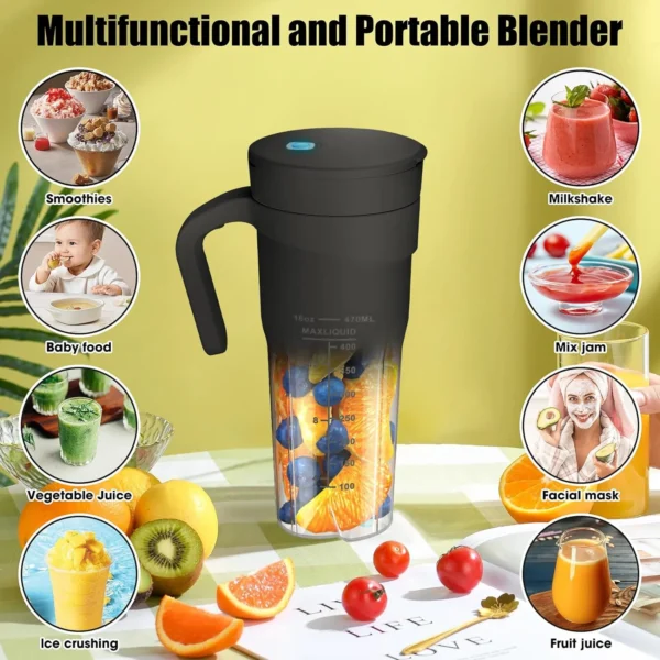 Portable Blender, 16 Oz Personal Size Blender USB Rechargeable for Shakes and Smoothies Portable Juicer, Mini Blender with 6 Blades for Sports/Travel/Home/Gym/Office, Black - Image 3