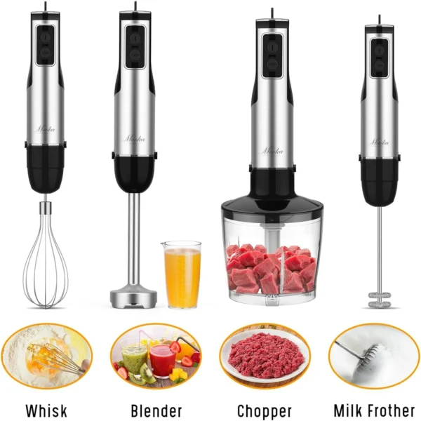 5-in-1 Hand Immersion Blender, Portable 1100W 12 Speed Handheld Blender, Copper Motor Stainless Steel Blade Stick Blender,600ml Mixing Beaker, 500ml Chopper, Whisk, Milk Frother, BPA-Free, Black - Image 3