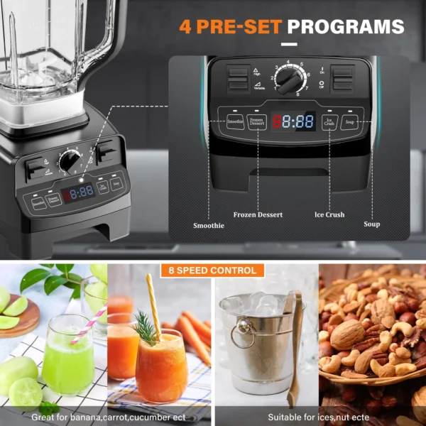 Kisdream Smoothie Blender 1450 W 2L 8-Speed Blender, Black - Image 2