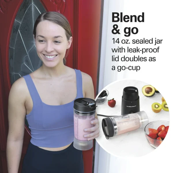 Hamilton Beach Personal Blender with Leak-Proof Travel Lid, Stainless Steel Blade, 14 oz. Jar, Black - Image 3
