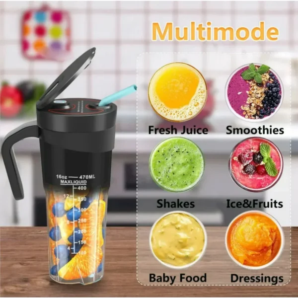 Portable Blender, 16 Oz Personal Size Blender USB Rechargeable for Shakes and Smoothies Portable Juicer, Mini Blender with 6 Blades for Sports/Travel/Home/Gym/Office, Black - Image 2