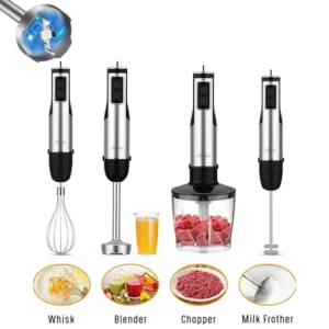 5-in-1 Hand Immersion Blender, Portable 1100W 12 Speed Handheld Blender, Copper Motor Stainless Steel Blade Stick Blender,600ml Mixing Beaker, 500ml Chopper, Whisk, Milk Frother, BPA-Free, Black