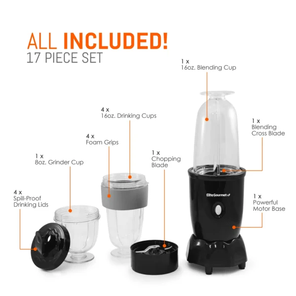 Elite Cuisine 17 Piece Personal Drink Blender with 4 x 16oz. Travel Cups EPB-1800 - Image 3
