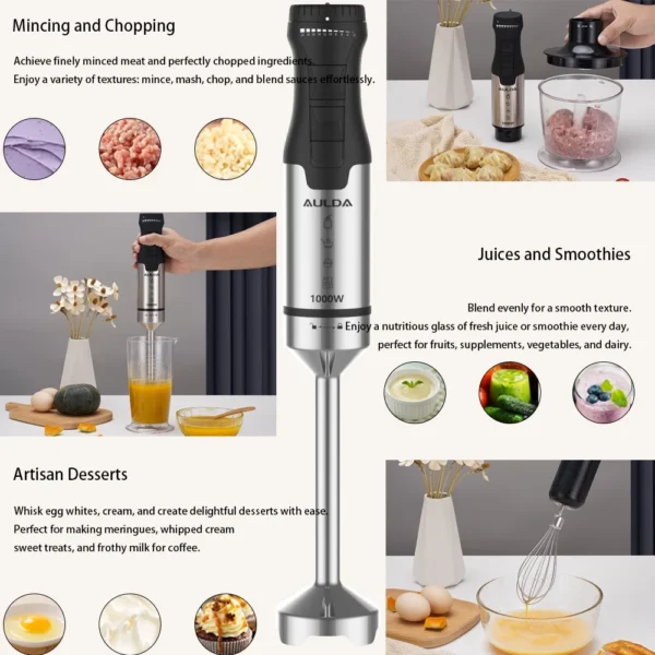Aulonda 1000W 5-in-1 Immersion Hand Blender - 20 Speeds, Stainless Steel Stick Blender with Mixing Beaker, Chopper Bowl, Milk Frother, Egg Whisk for Smoothie, Baby Food, Sauces Red,Puree, Soup - Image 2