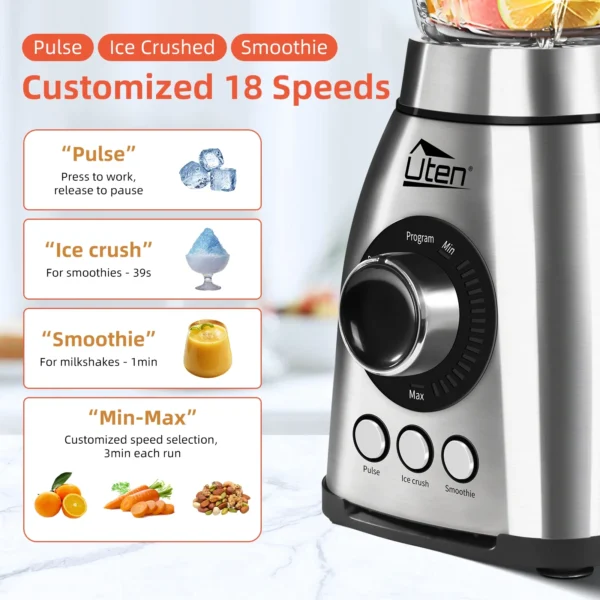 Uten Glas Blender for Kitchen, 18 Speed Countertop Blender with 63oz Glass Jar, Professional Smoothie with 6-Leaf Stainless Steel Blade - Image 3