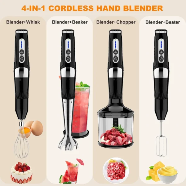 Cordless Hand Blender 4-in-1 Rechargeable Immersion Handheld Blender, 21 Variable Speeds, 3-Angle Adjustable with 700ml Chopper, 700ml Beaker, Egg Whisk and Beater for Smoothies, Soup, Baby Food - Image 3