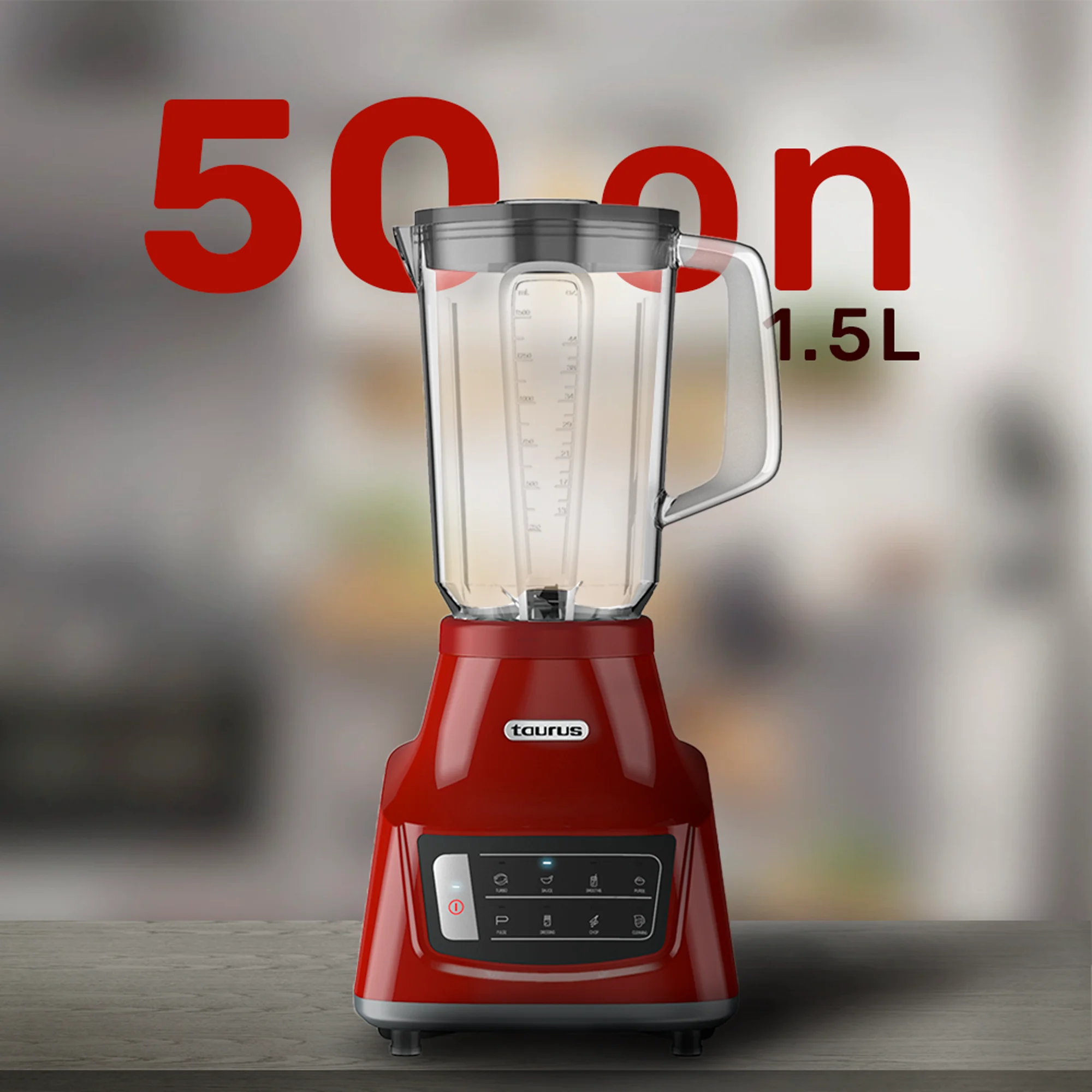 Countertop Blender Taurus Grandeur Touch 44oz Stainless Steel Blade, Glass Jar, Red - Image 3