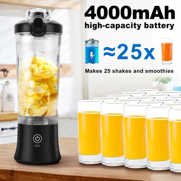 TINANA Portable Blender, USB Rechargeable with 600 ML Personal Juicer Cup, Household Fruit Mixer for Shakes and Smoothies, Ideal for Travel, Home and Office-Black - Image 2